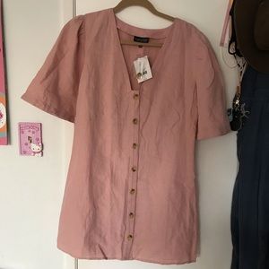 topshop angel sleeve linen button front pink dress